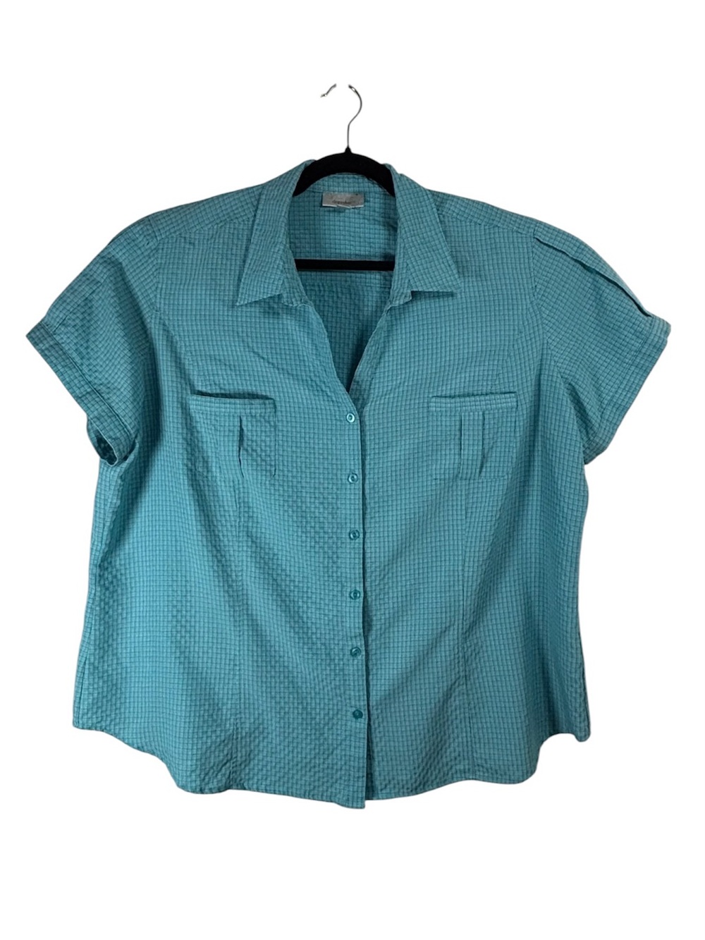 dressbarn Turquoise Waffle-Textured Short-Sleeve Button Down Classy Casual Shirt